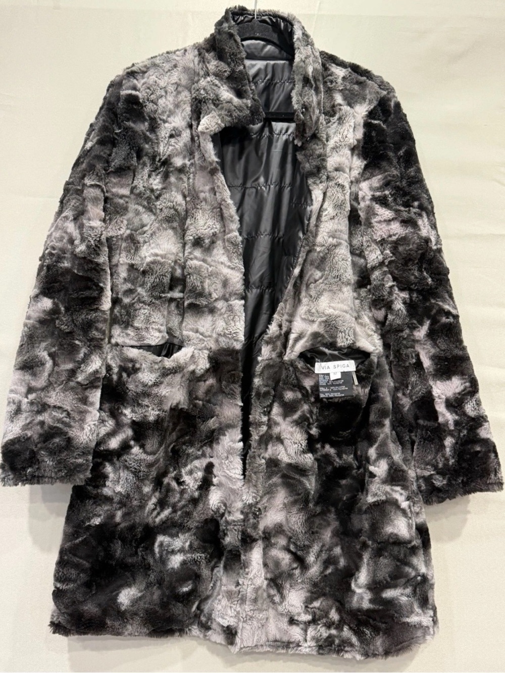 Via Spiga Women's Faux Fur Animal Print Mid-Length Coat Button Pockets M Gray - Picture 3 of 11